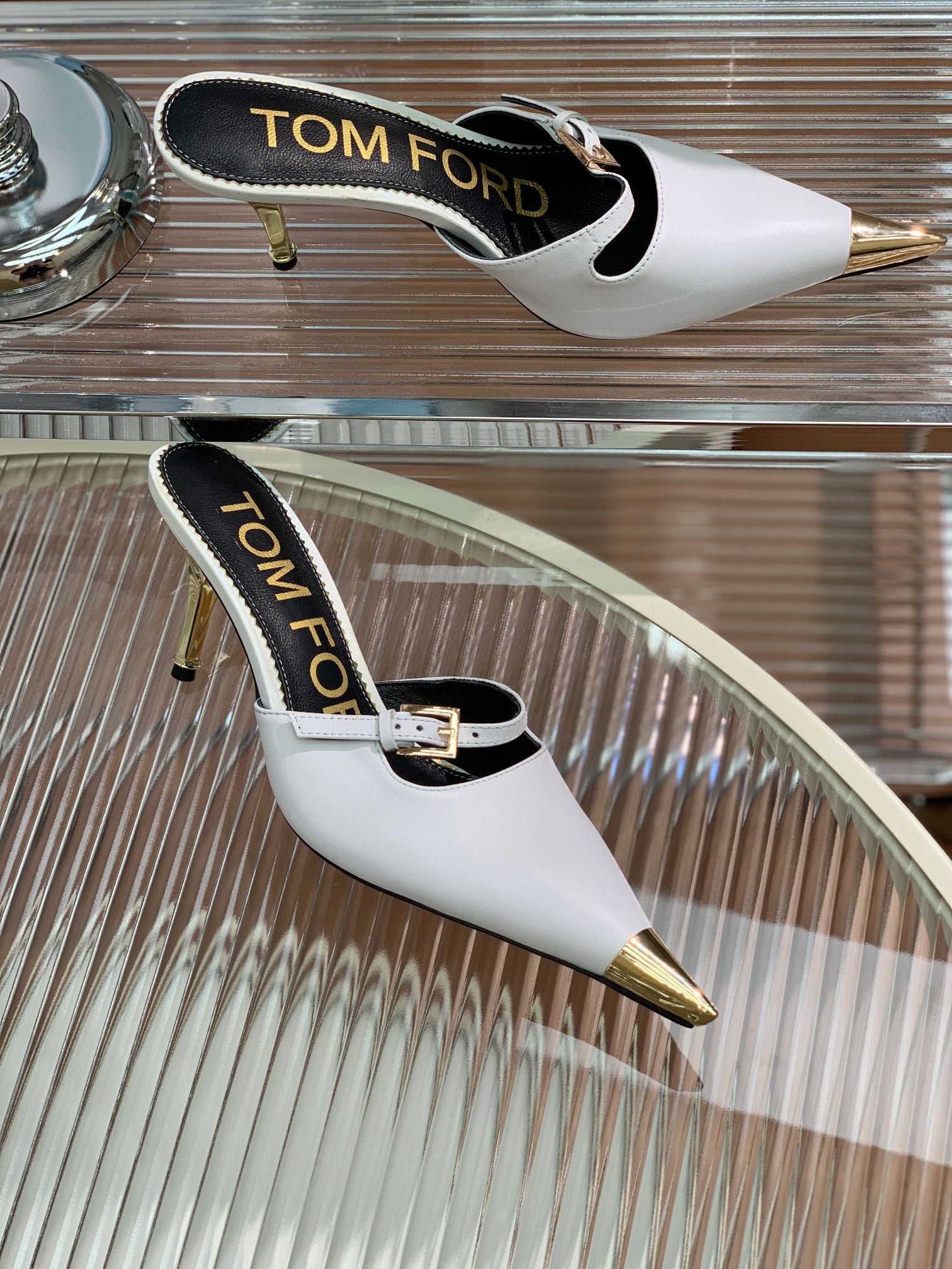 HIGH PUMP MULE 7 CM IN  WHITE CALFSKIN