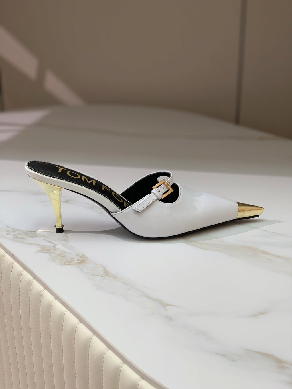 HIGH PUMP MULE 7 CM IN  WHITE CALFSKIN