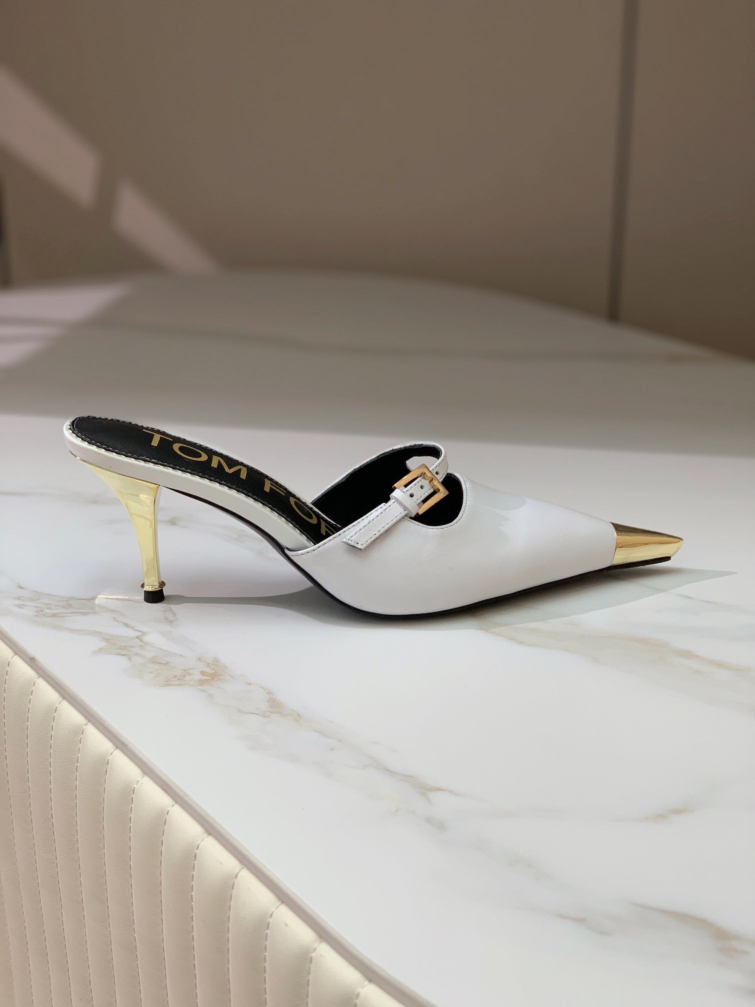 HIGH PUMP MULE 7 CM IN  WHITE CALFSKIN
