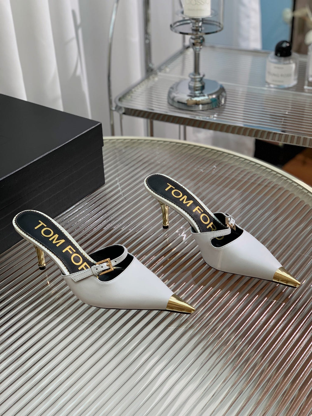 HIGH PUMP MULE 7 CM IN  WHITE CALFSKIN