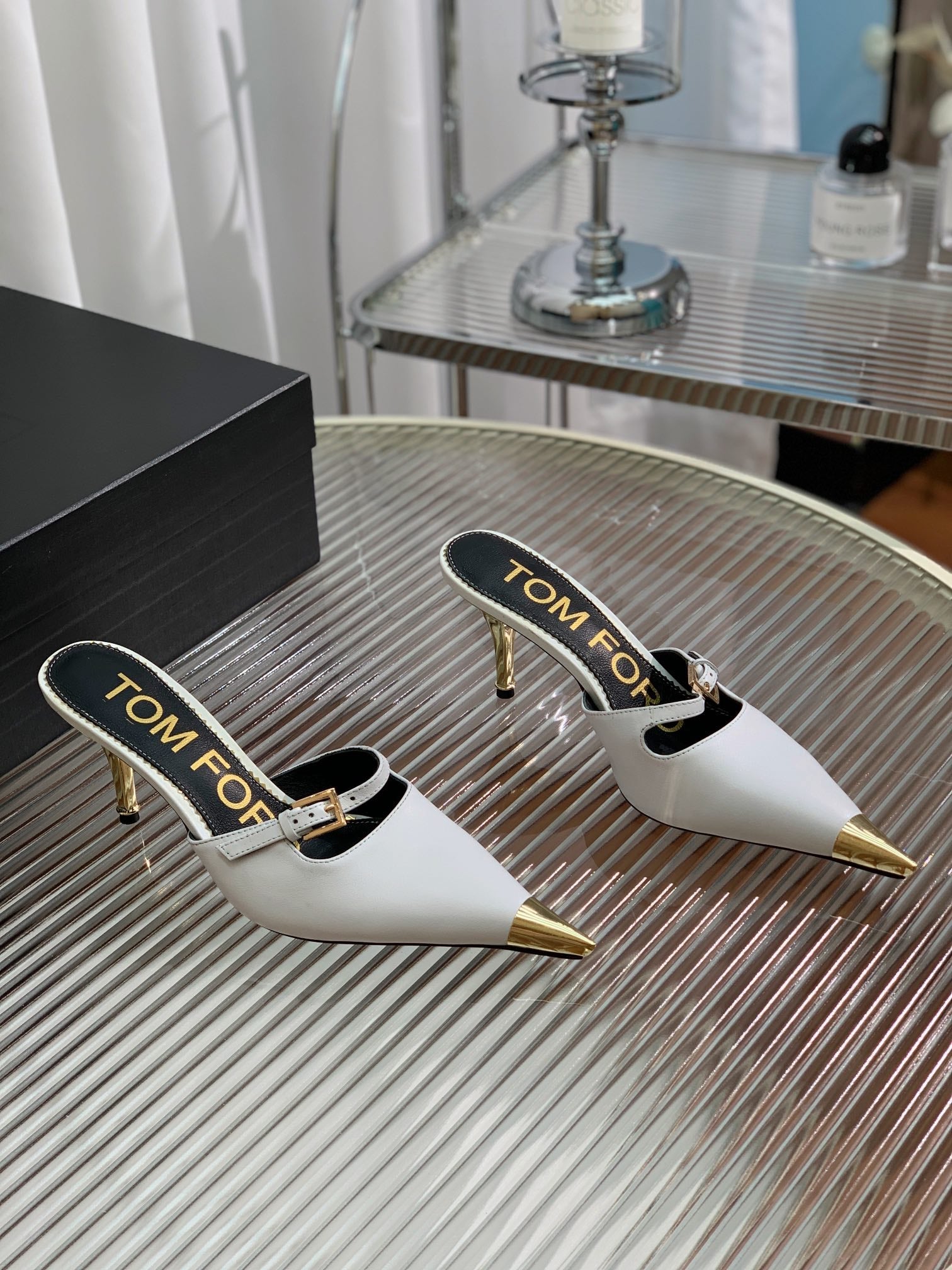 HIGH PUMP MULE 7 CM IN  WHITE CALFSKIN