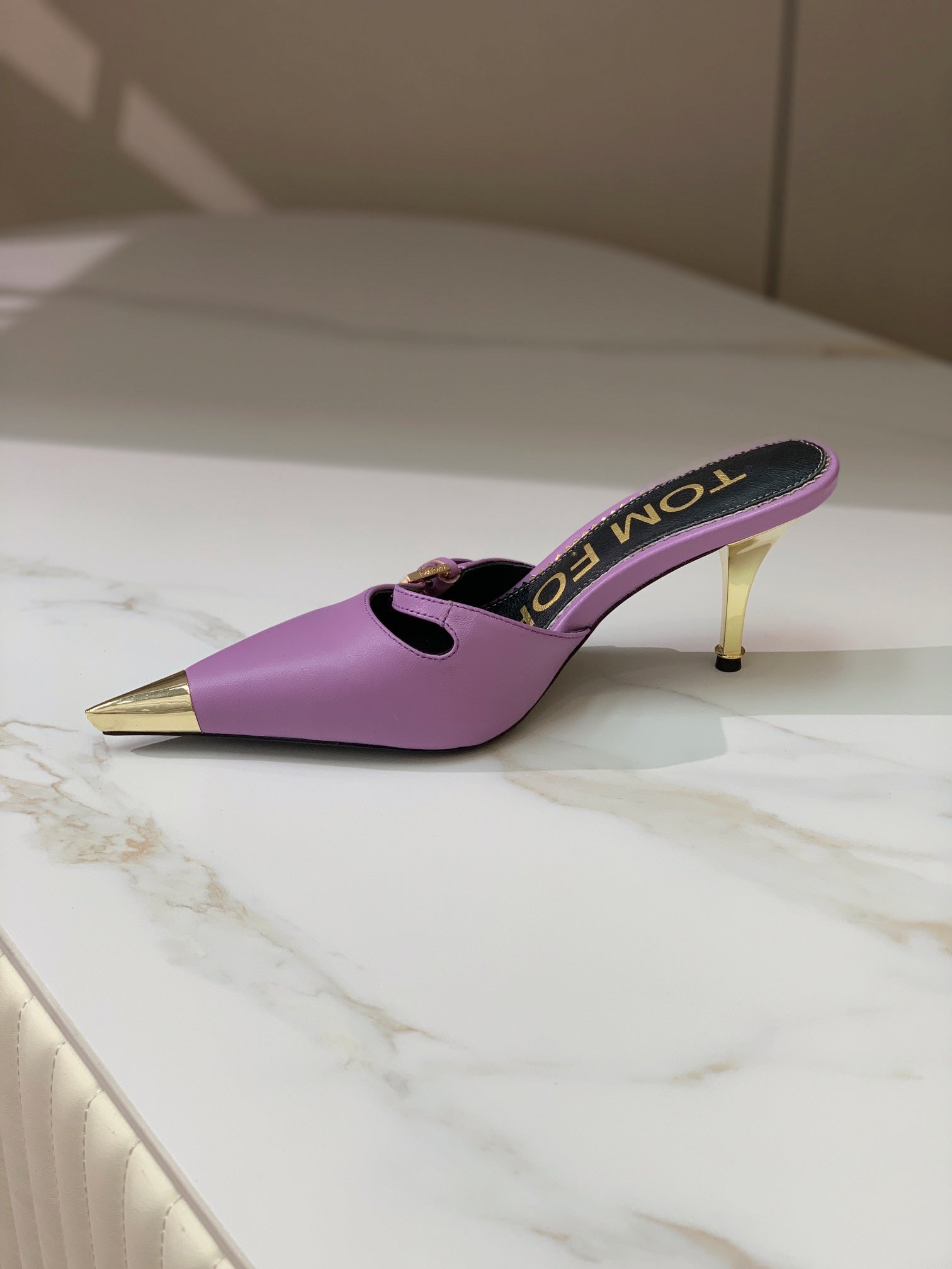 HIGH PUMP MULE 7 CM IN IRIS PURPLE CALFSKIN