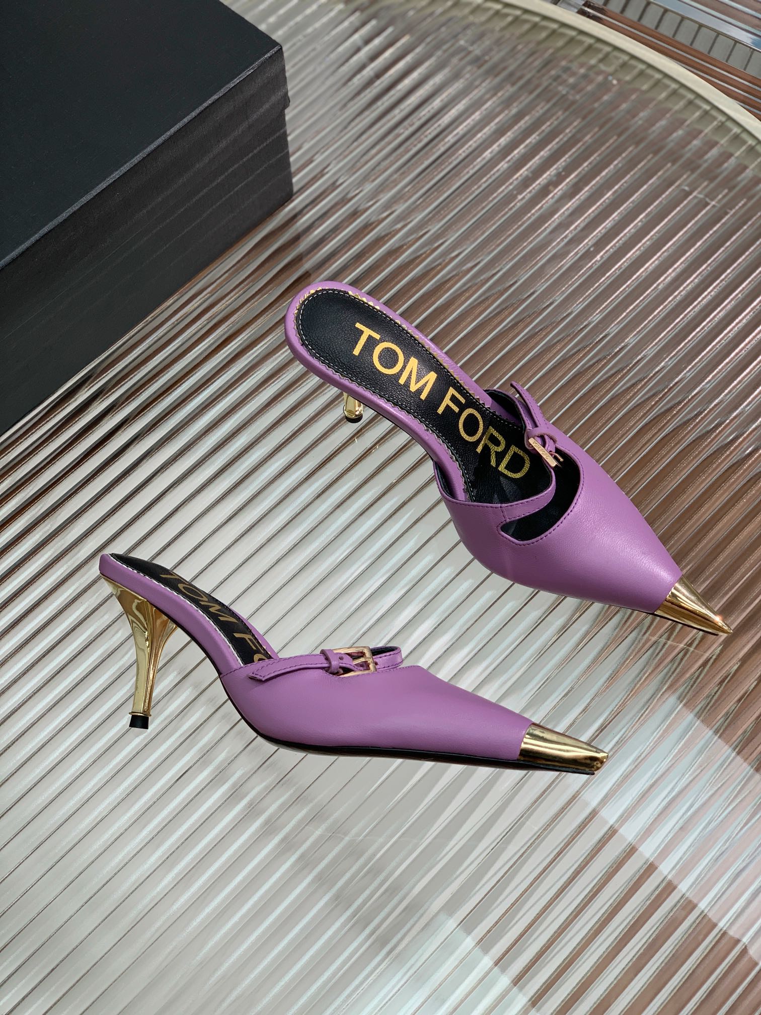 HIGH PUMP MULE 7 CM IN IRIS PURPLE CALFSKIN