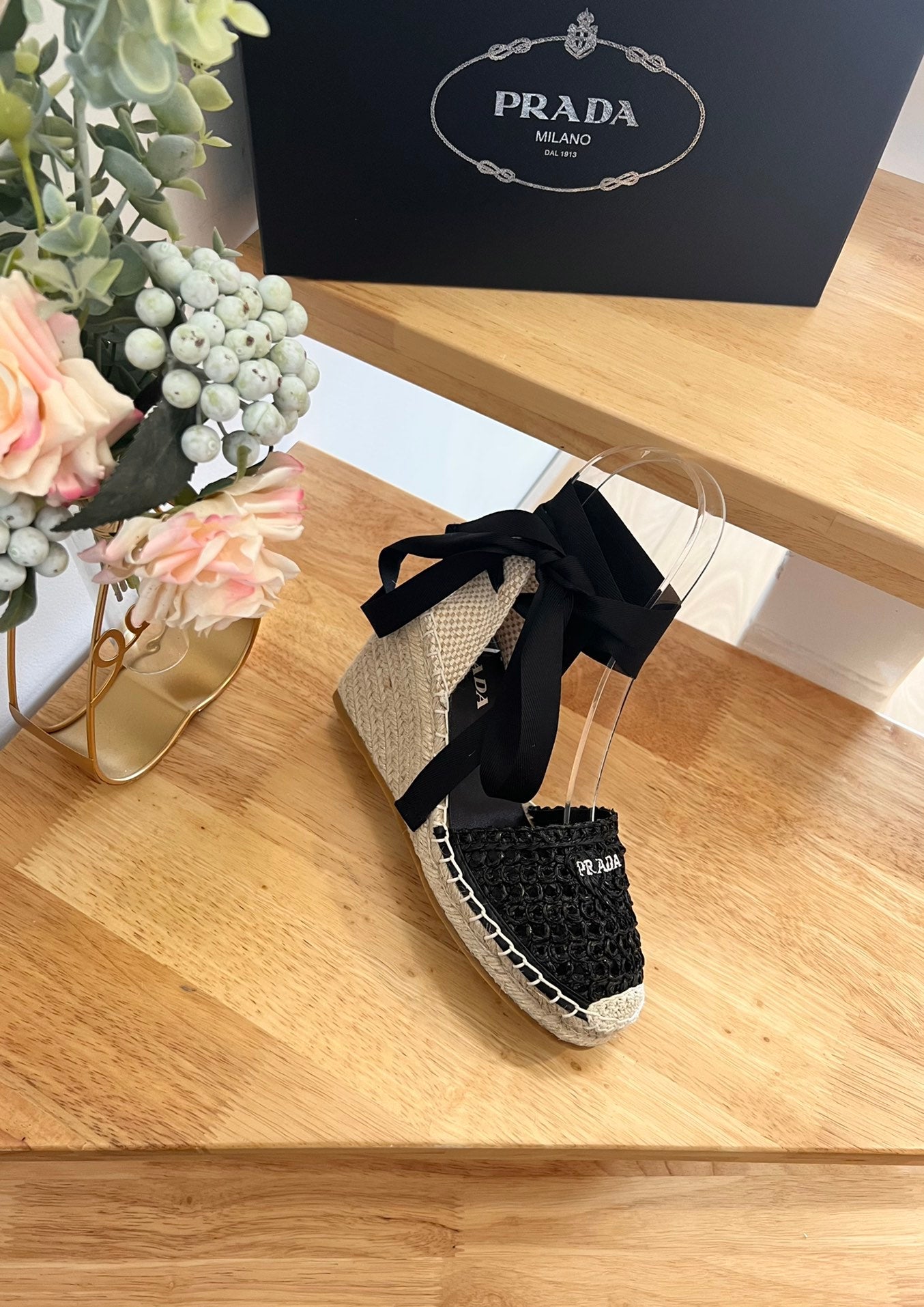 PRADA 26S ESPADRILLE HIGH HEEL SANDALS IN BLACK RAFFIA