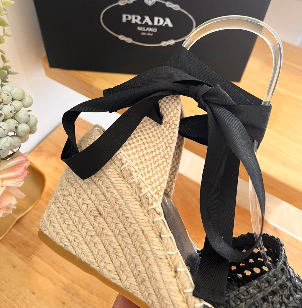 PRADA 26S ESPADRILLE HIGH HEEL SANDALS IN BLACK RAFFIA