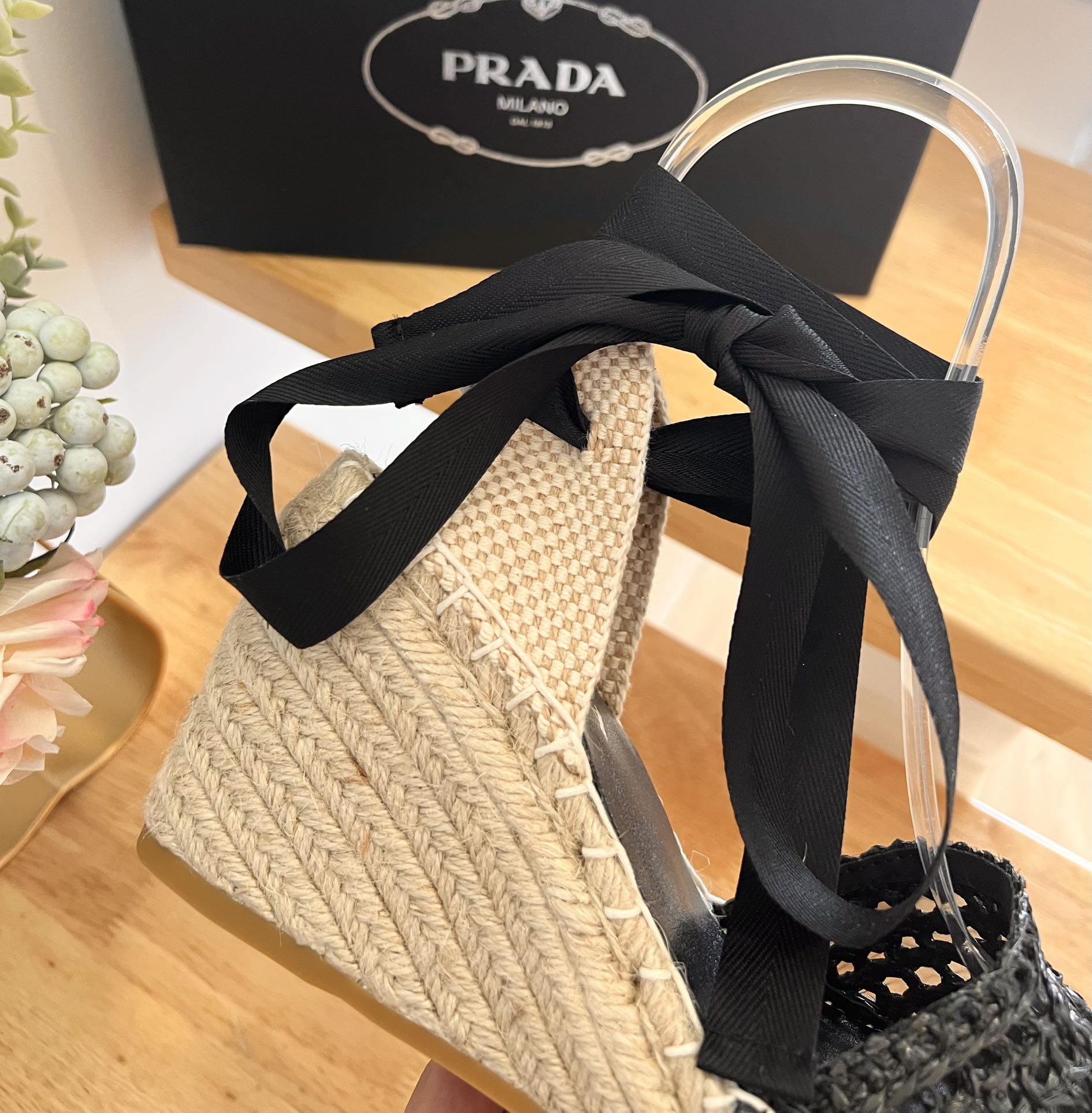 PRADA 26S ESPADRILLE HIGH HEEL SANDALS IN BLACK RAFFIA