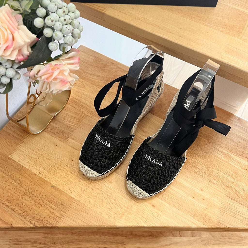 PRADA 26S ESPADRILLE HIGH HEEL SANDALS IN BLACK RAFFIA