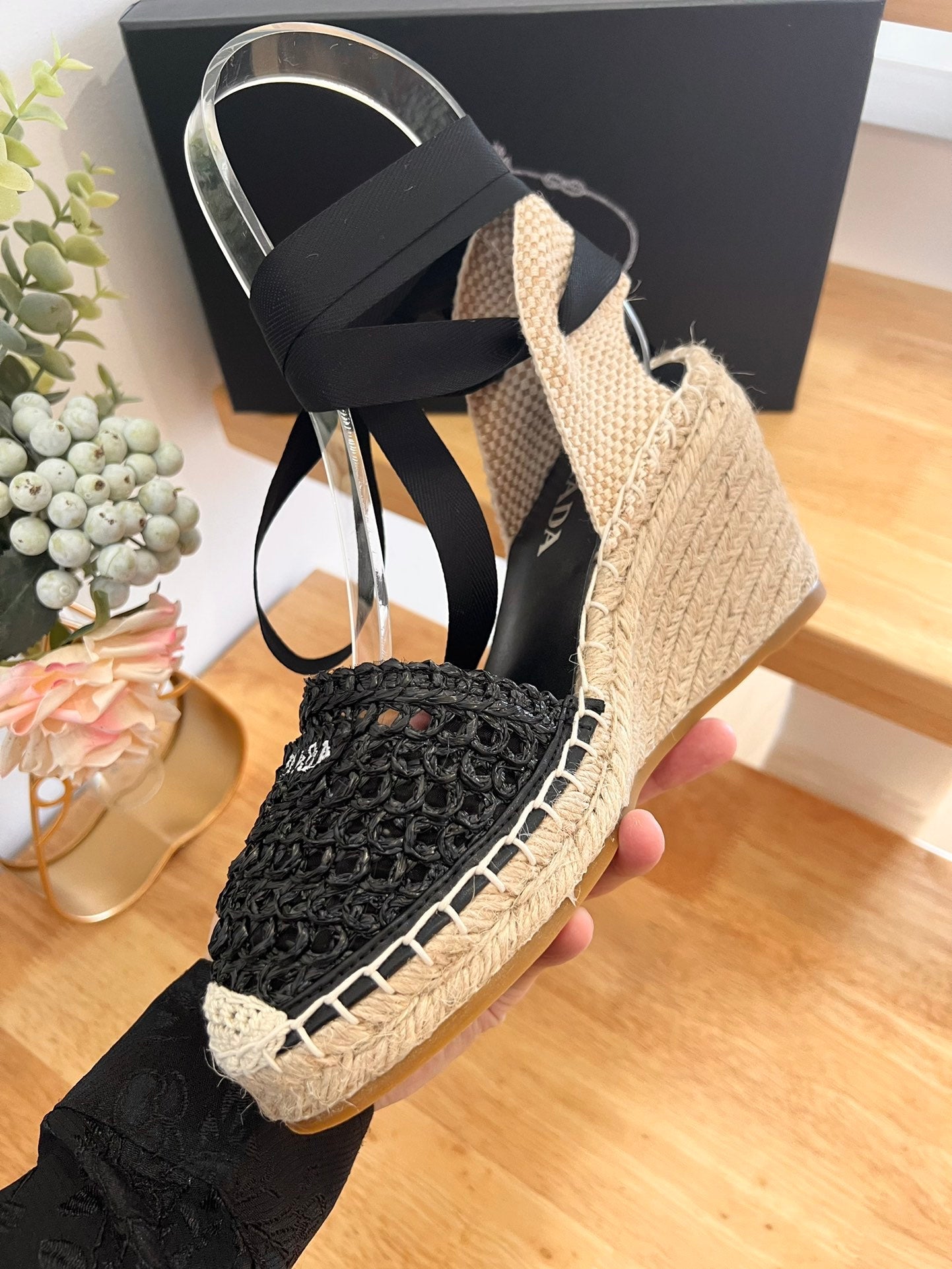 PRADA 26S ESPADRILLE HIGH HEEL SANDALS IN BLACK RAFFIA
