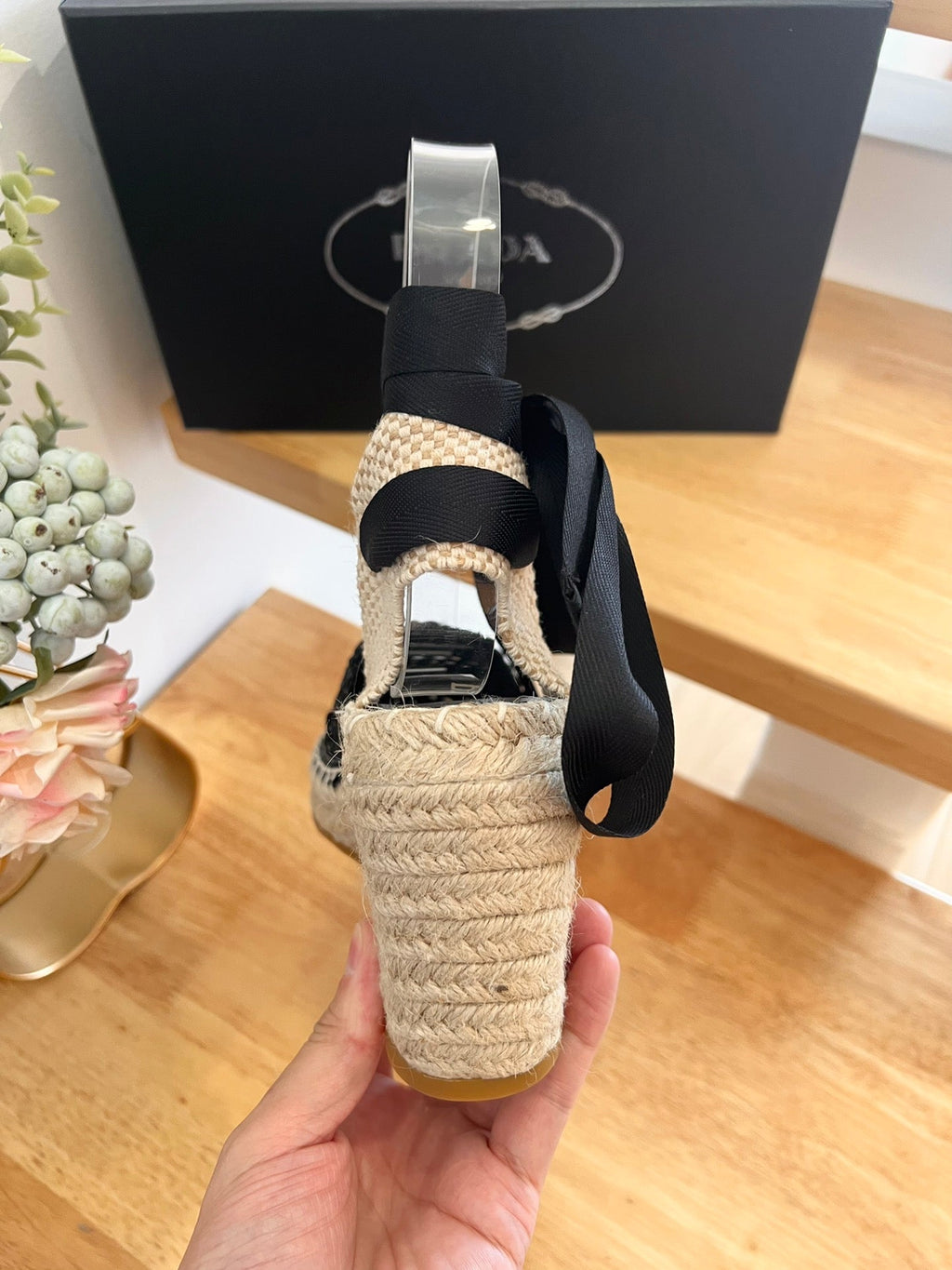 PRADA 26S ESPADRILLE HIGH HEEL SANDALS IN BLACK RAFFIA
