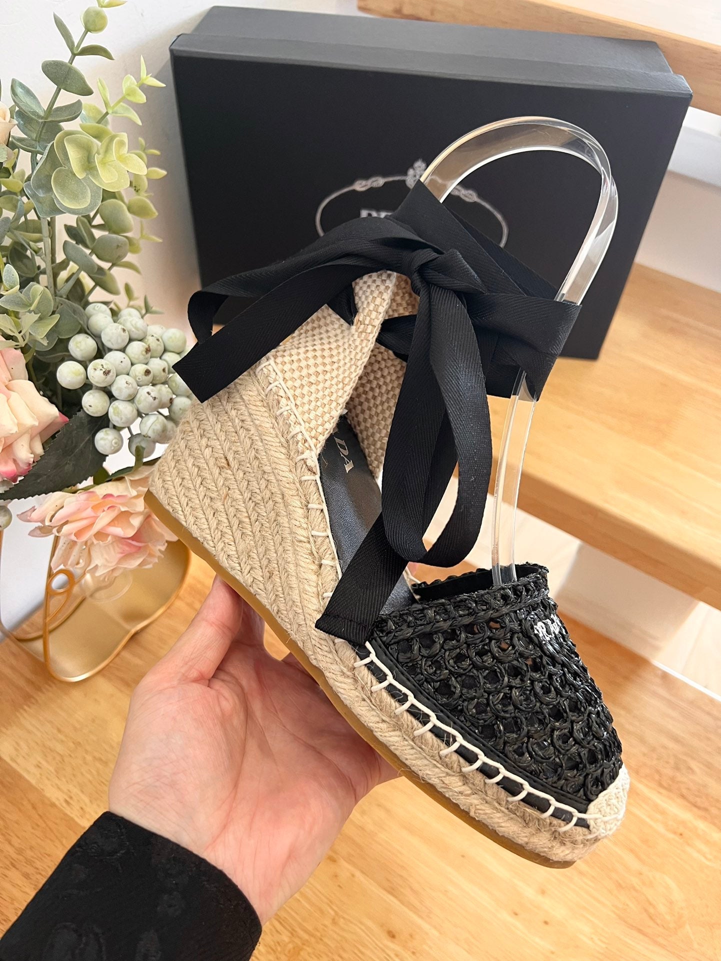 PRADA 26S ESPADRILLE HIGH HEEL SANDALS IN BLACK RAFFIA