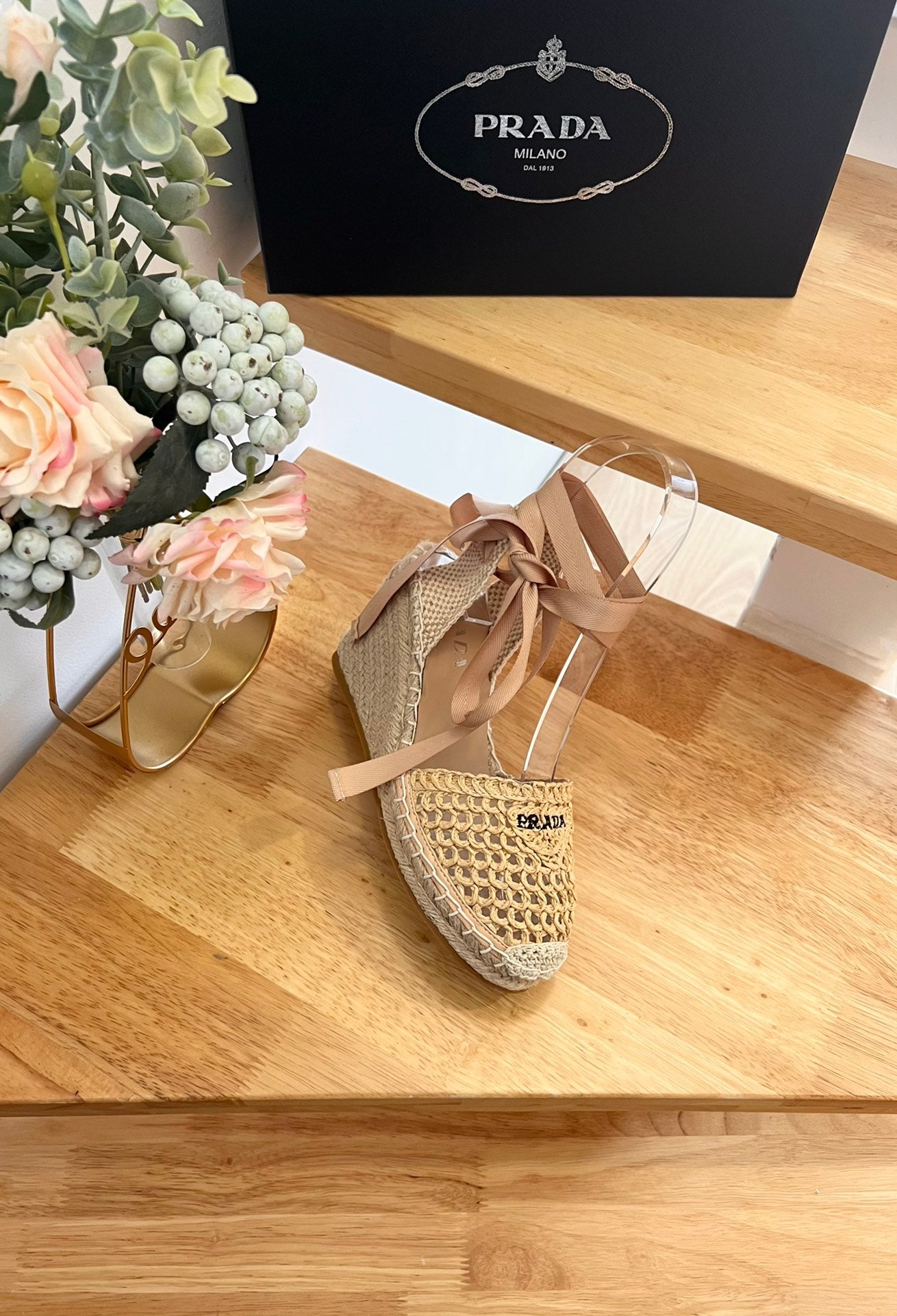 PRADA 26S ESPADRILLE HIGH HEEL SANDALS IN BEIGE RAFFIA