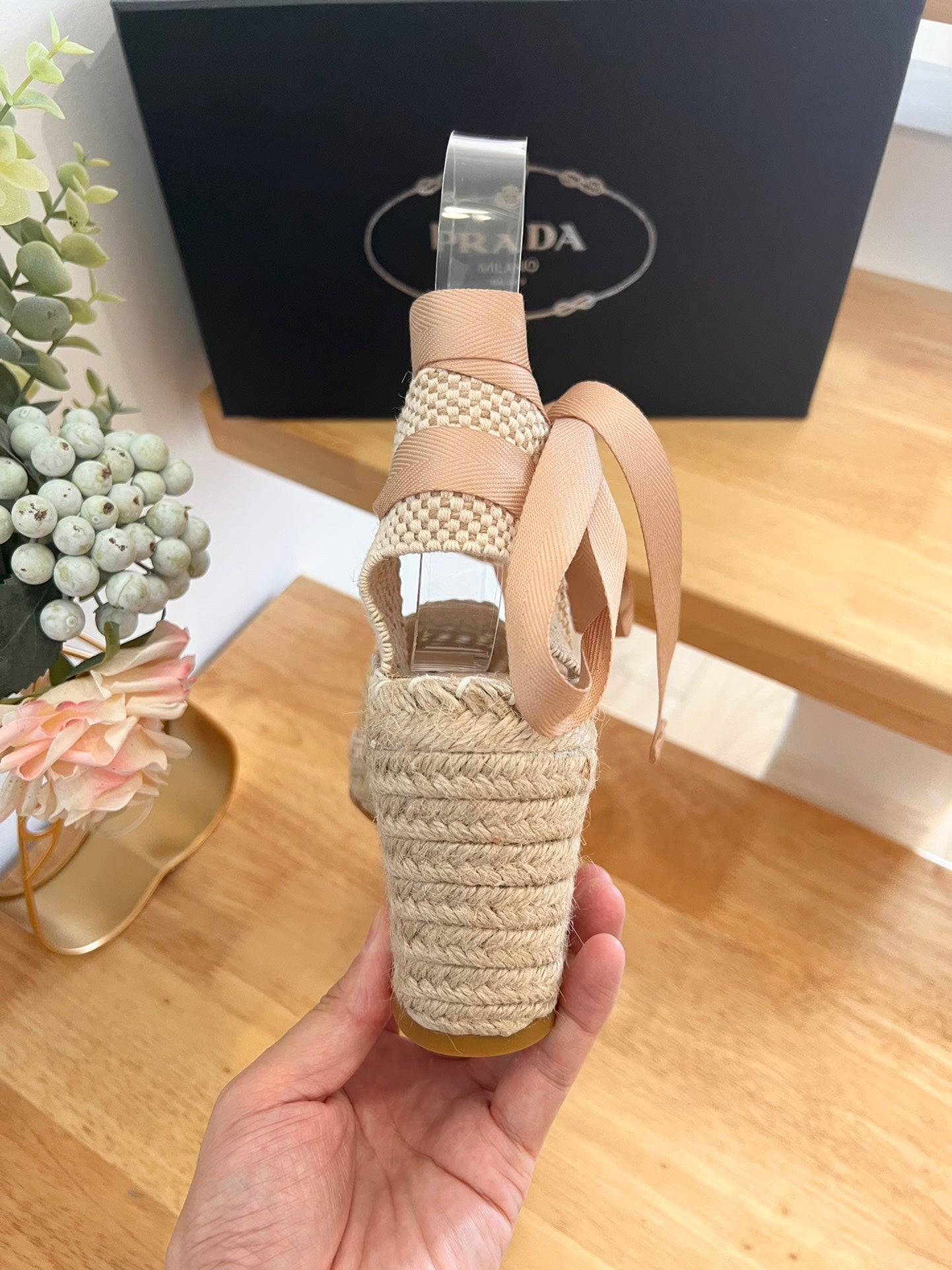 PRADA 26S ESPADRILLE HIGH HEEL SANDALS IN BEIGE RAFFIA