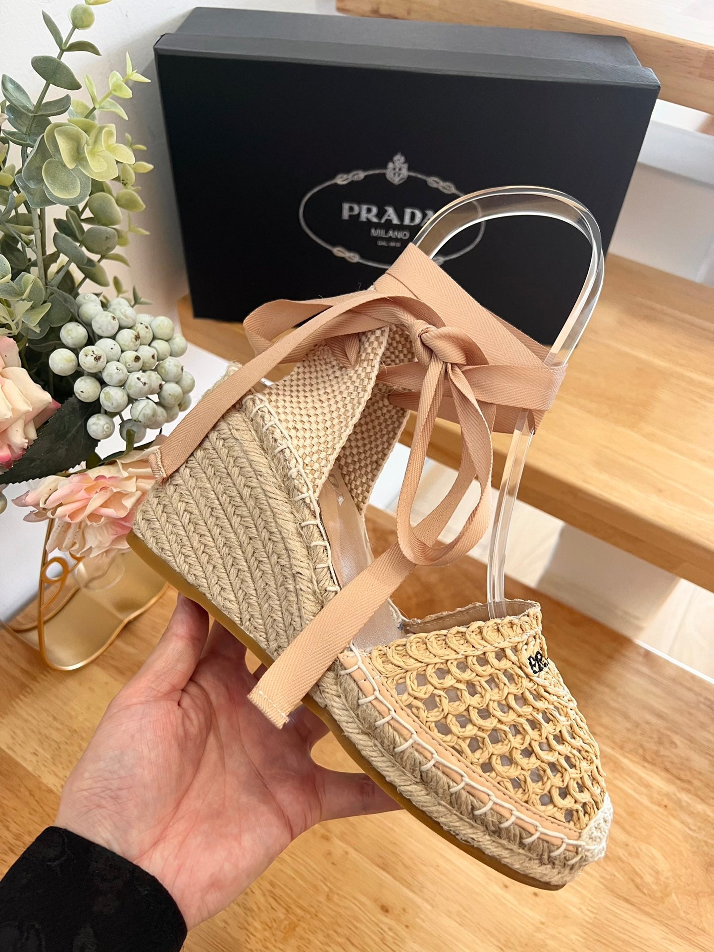 PRADA 26S ESPADRILLE HIGH HEEL SANDALS IN BEIGE RAFFIA