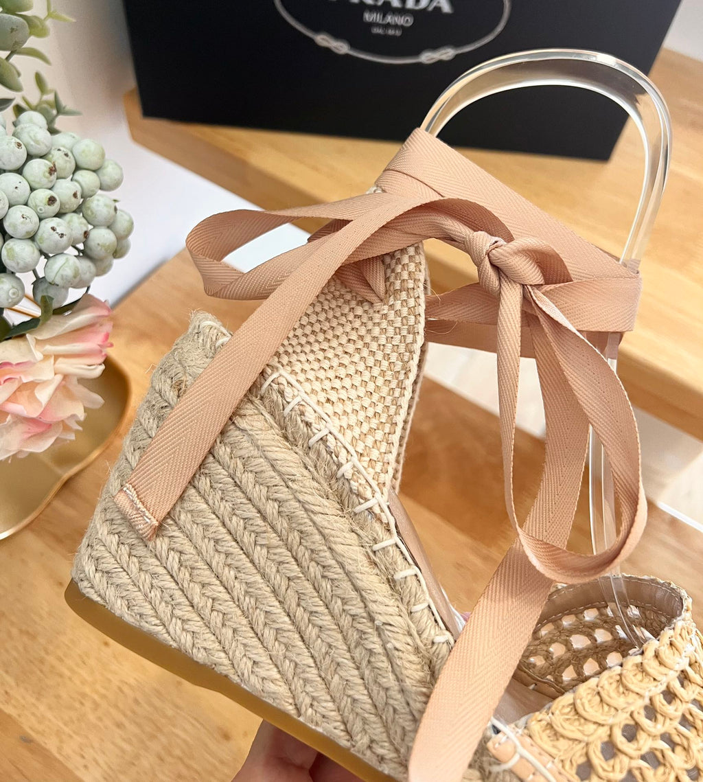 PRADA 26S ESPADRILLE HIGH HEEL SANDALS IN BEIGE RAFFIA