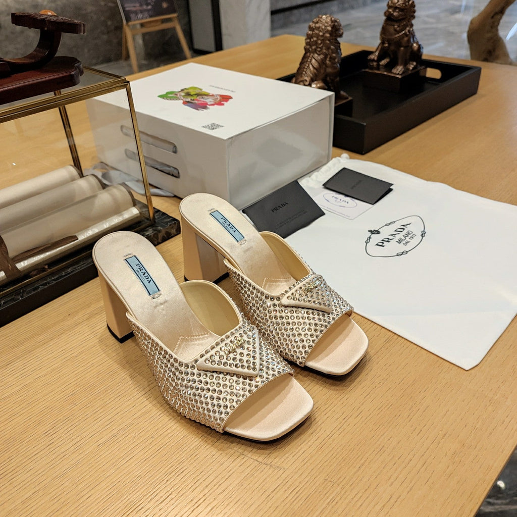 PRADA 26S OPEN TOE CRYSTAL EMBELLISHED MULES 100MM IN BEIGE SATIN