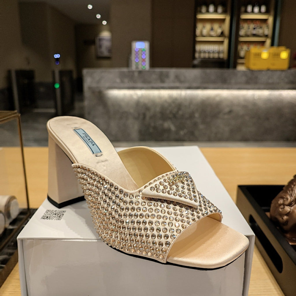 PRADA 26S OPEN TOE CRYSTAL EMBELLISHED MULES 100MM IN BEIGE SATIN