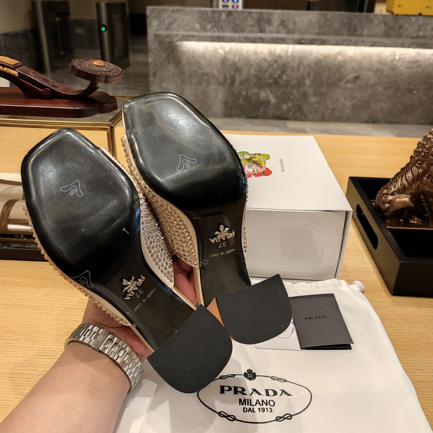 PRADA 26S OPEN TOE CRYSTAL EMBELLISHED MULES 100MM IN BEIGE SATIN