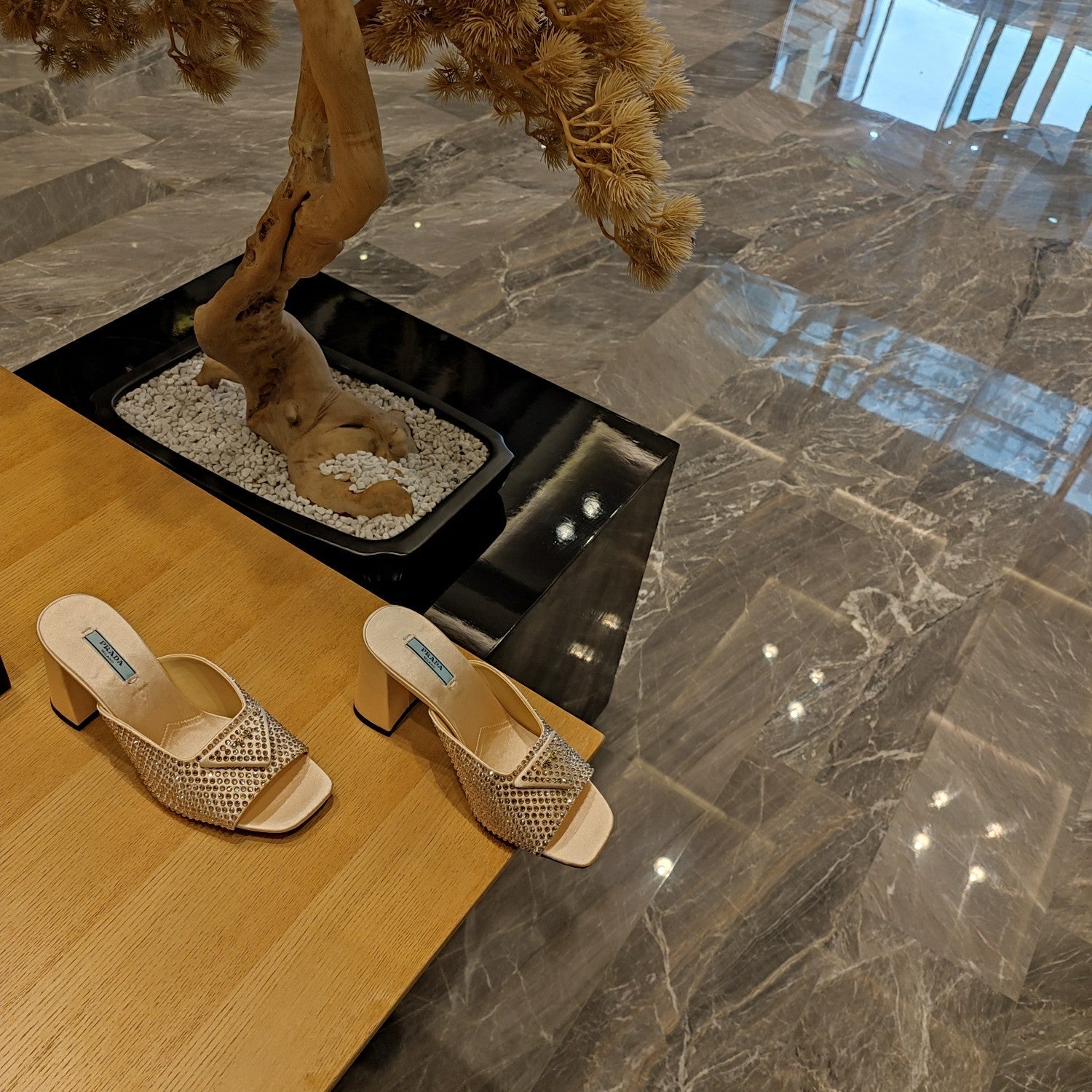 PRADA 26S OPEN TOE CRYSTAL EMBELLISHED MULES 100MM IN BEIGE SATIN
