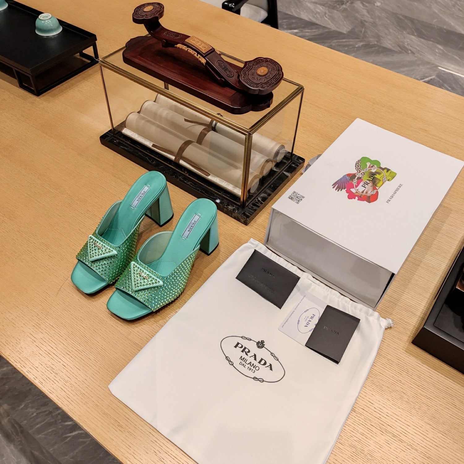 PRADA 26S OPEN TOE CRYSTAL EMBELLISHED MULES 100MM IN DARK GREEN SATIN