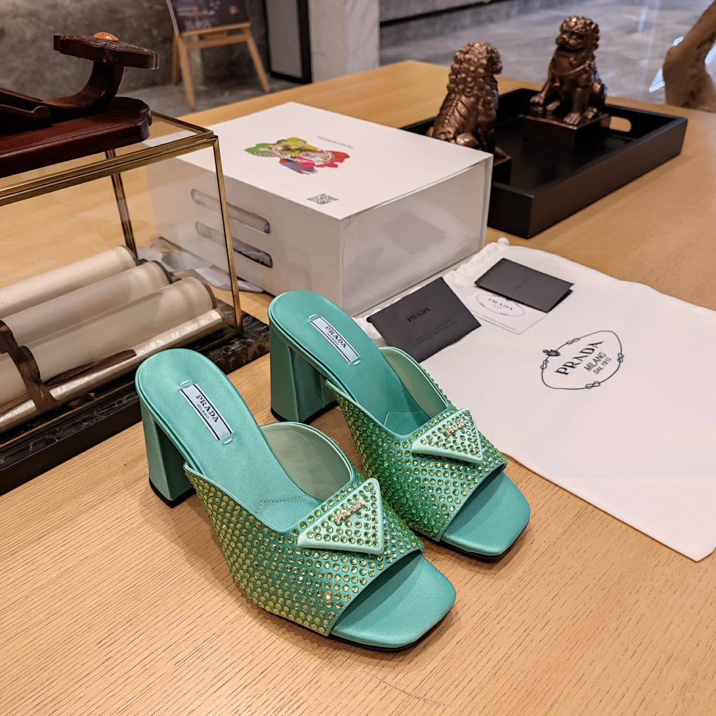 PRADA 26S OPEN TOE CRYSTAL EMBELLISHED MULES 100MM IN DARK GREEN SATIN