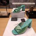 PRADA 26S OPEN TOE CRYSTAL EMBELLISHED MULES 100MM IN DARK GREEN SATIN