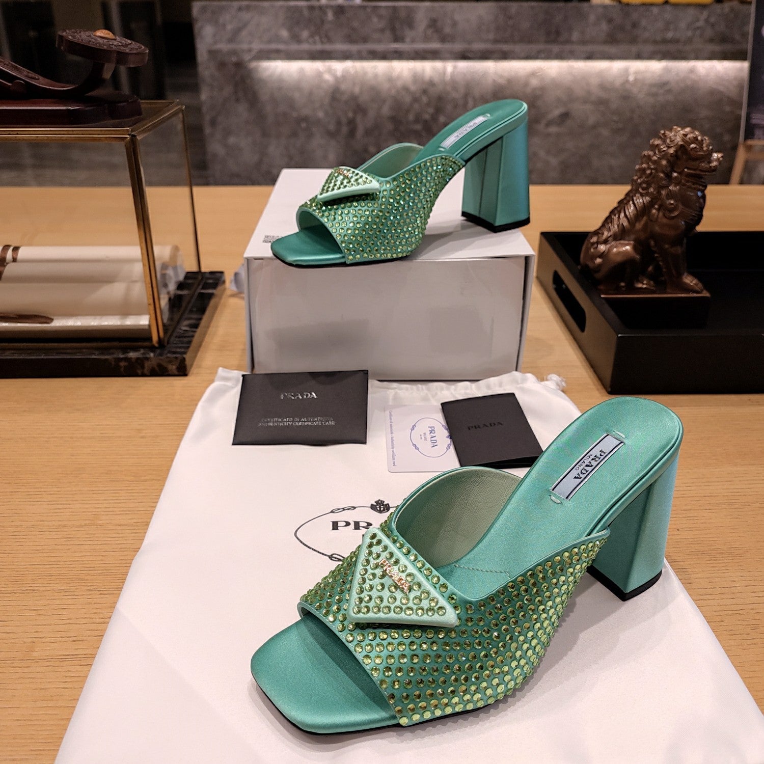 PRADA 26S OPEN TOE CRYSTAL EMBELLISHED MULES 100MM IN DARK GREEN SATIN