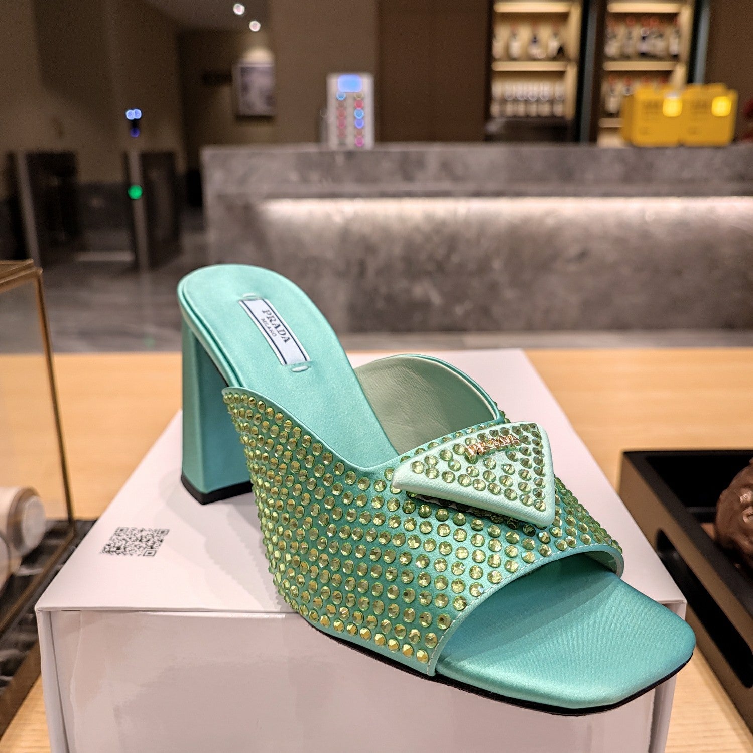 PRADA 26S OPEN TOE CRYSTAL EMBELLISHED MULES 100MM IN DARK GREEN SATIN