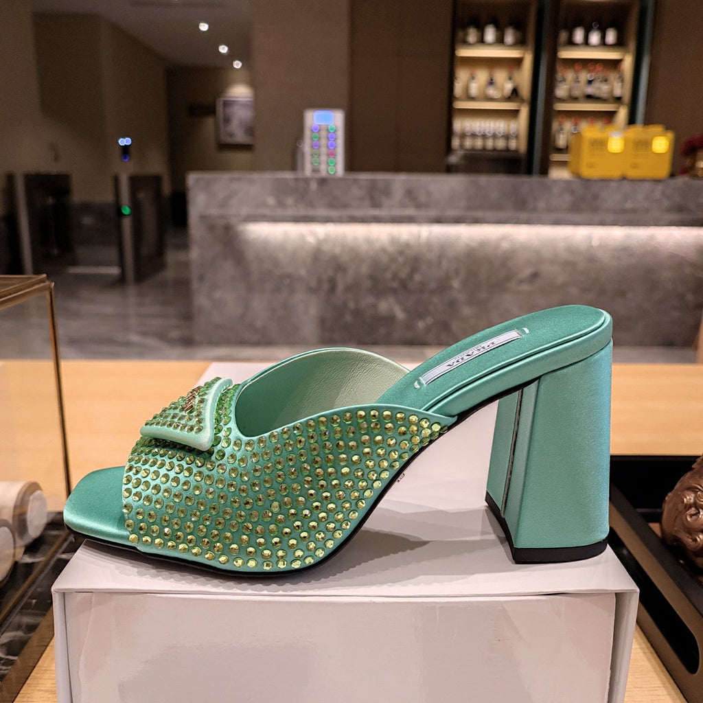 PRADA 26S OPEN TOE CRYSTAL EMBELLISHED MULES 100MM IN DARK GREEN SATIN