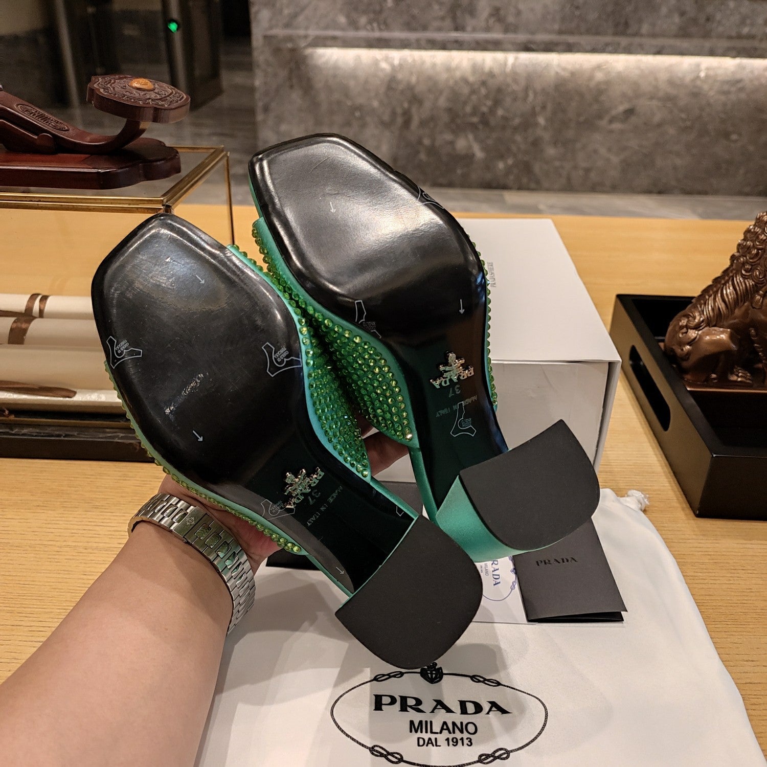 PRADA 26S OPEN TOE CRYSTAL EMBELLISHED MULES 100MM IN DARK GREEN SATIN