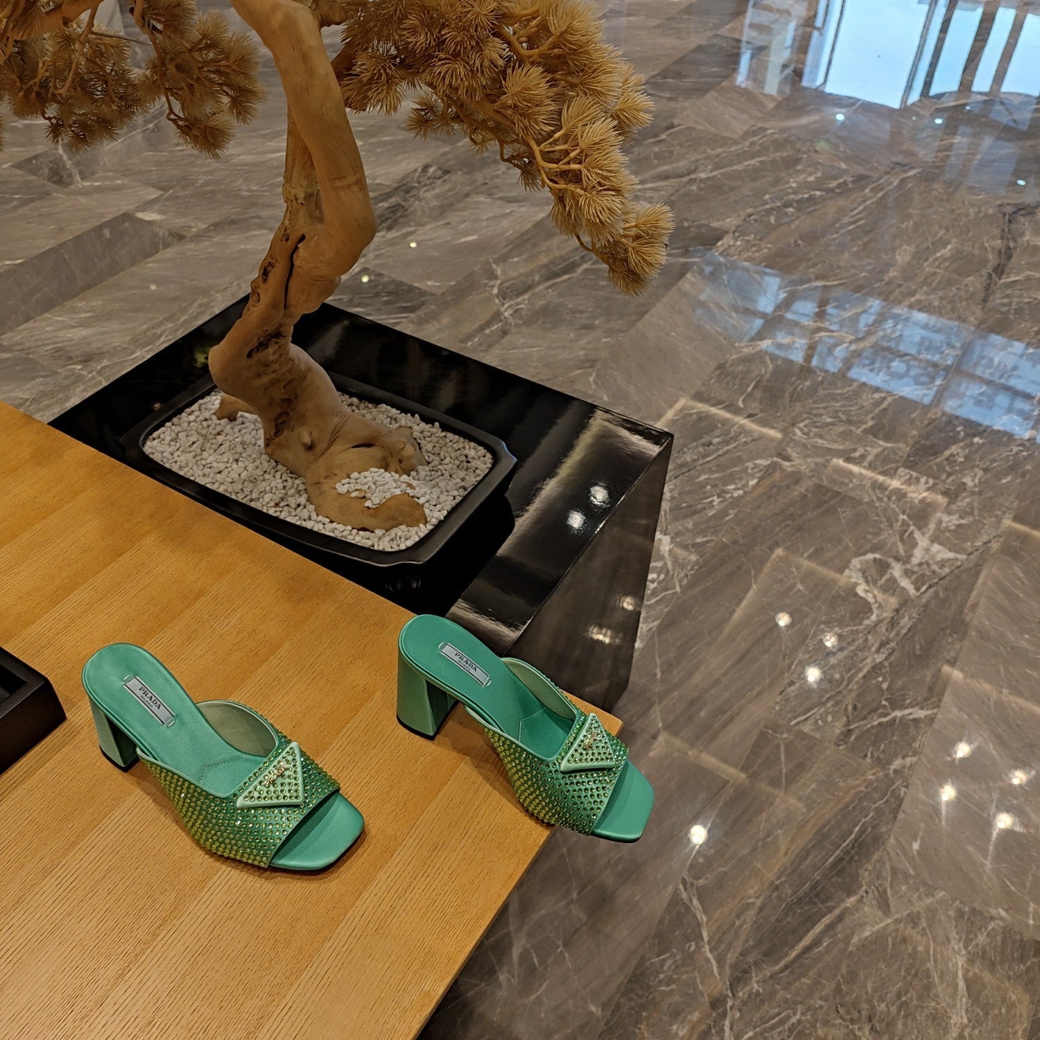 PRADA 26S OPEN TOE CRYSTAL EMBELLISHED MULES 100MM IN DARK GREEN SATIN
