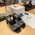 PRADA 26S OPEN TOE CRYSTAL EMBELLISHED MULES 100MM IN BLACK SATIN