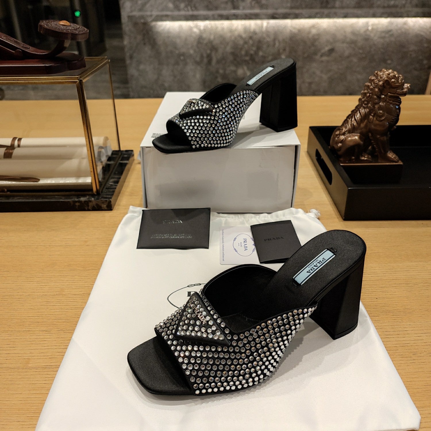 PRADA 26S OPEN TOE CRYSTAL EMBELLISHED MULES 100MM IN BLACK SATIN