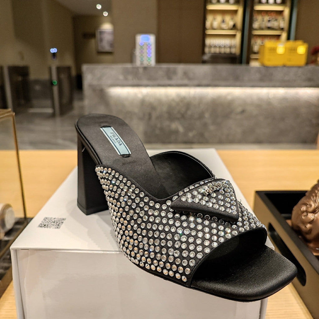 PRADA 26S OPEN TOE CRYSTAL EMBELLISHED MULES 100MM IN BLACK SATIN
