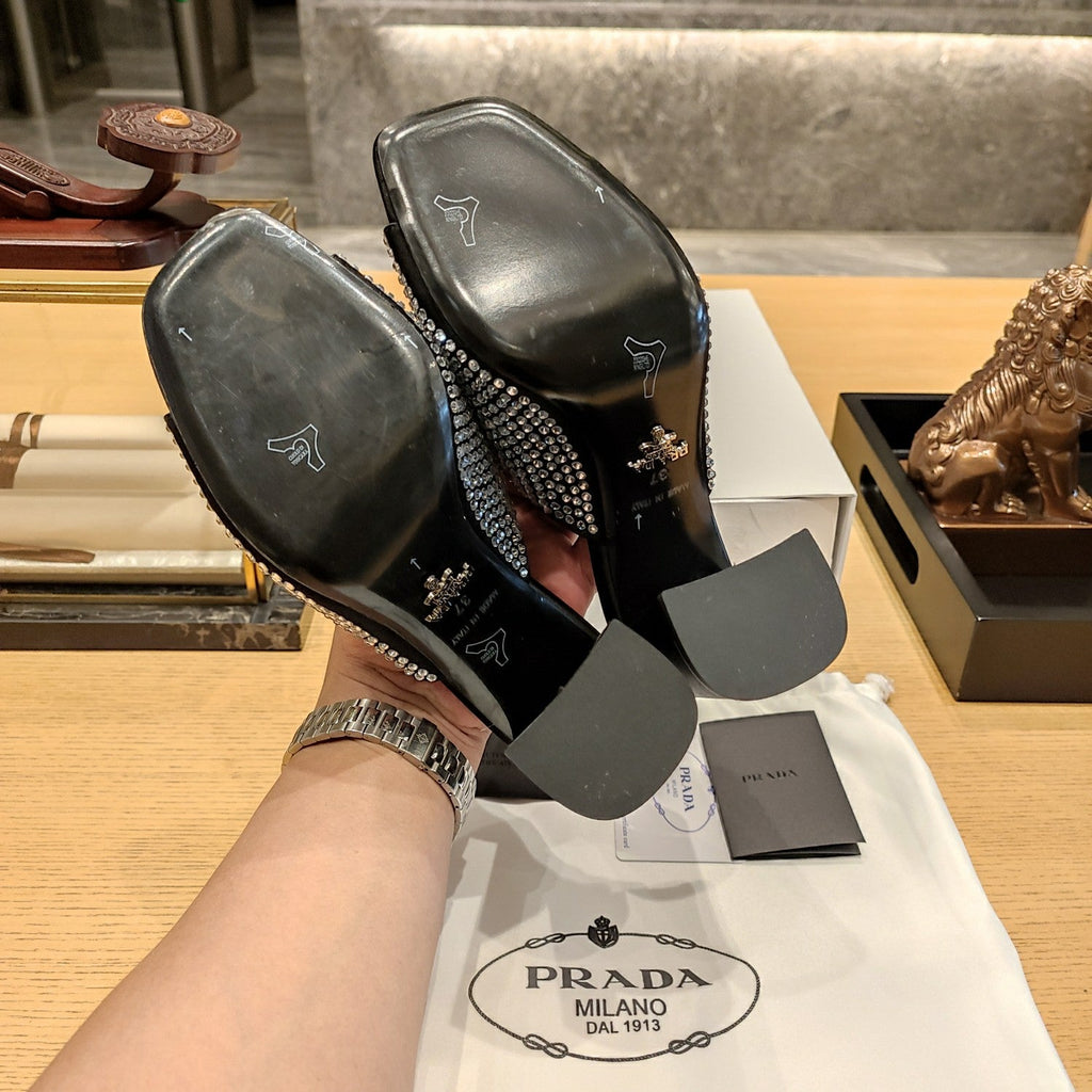 PRADA 26S OPEN TOE CRYSTAL EMBELLISHED MULES 100MM IN BLACK SATIN