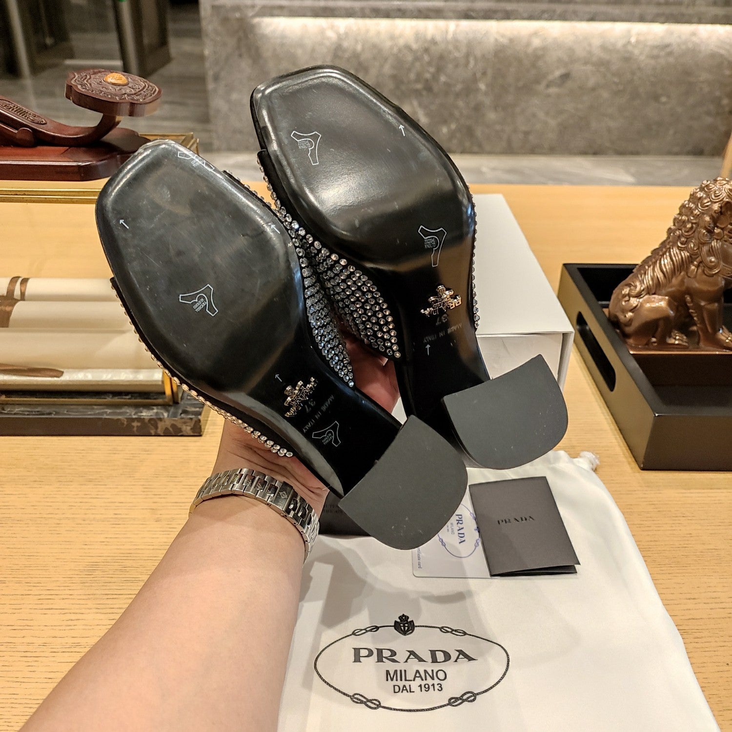 PRADA 26S OPEN TOE CRYSTAL EMBELLISHED MULES 100MM IN BLACK SATIN