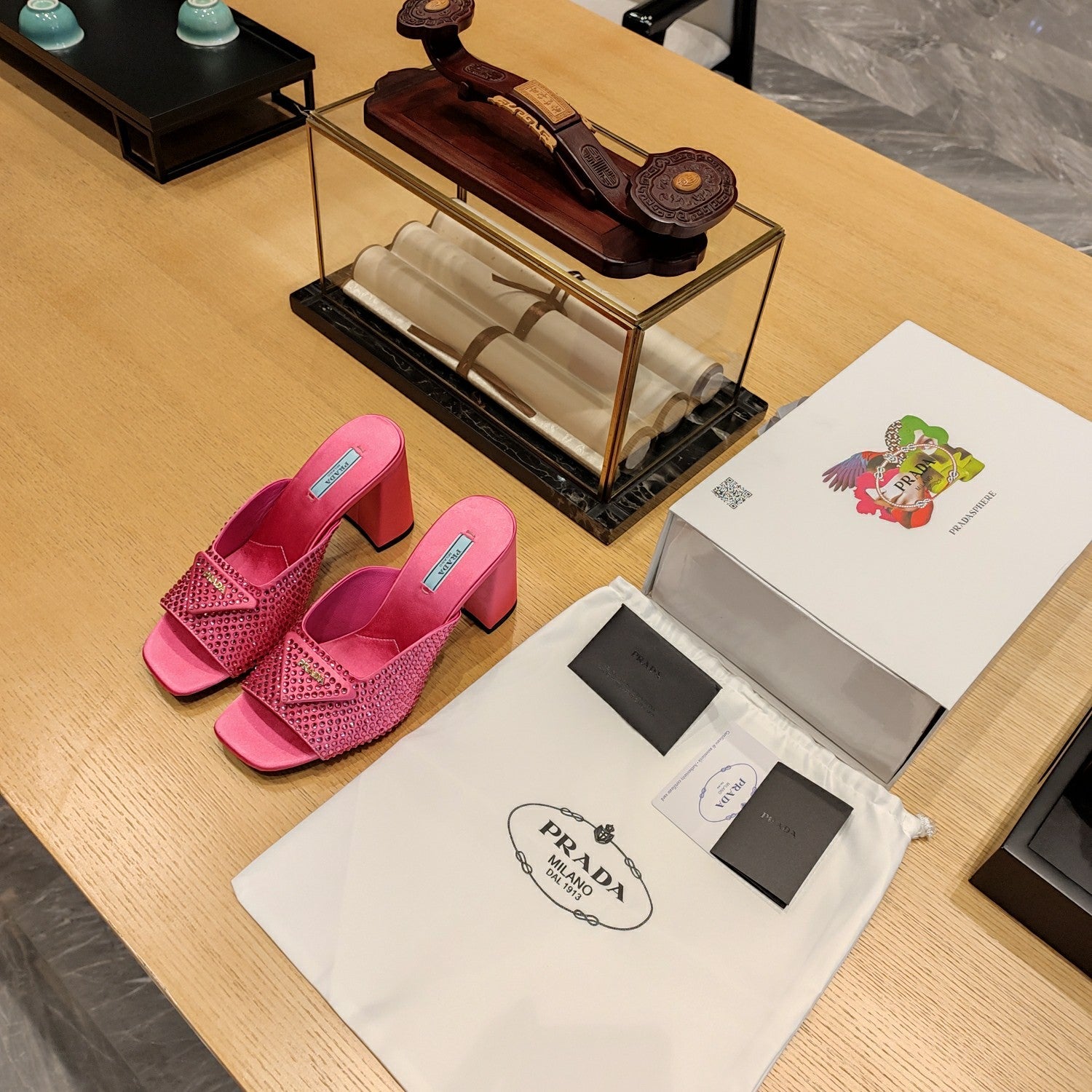 PRADA 26S OPEN TOE CRYSTAL EMBELLISHED MULES 100MM IN FUCHSIA PINK SATIN