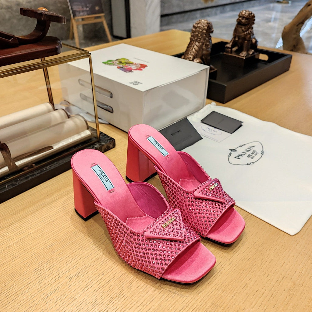 PRADA 26S OPEN TOE CRYSTAL EMBELLISHED MULES 100MM IN FUCHSIA PINK SATIN