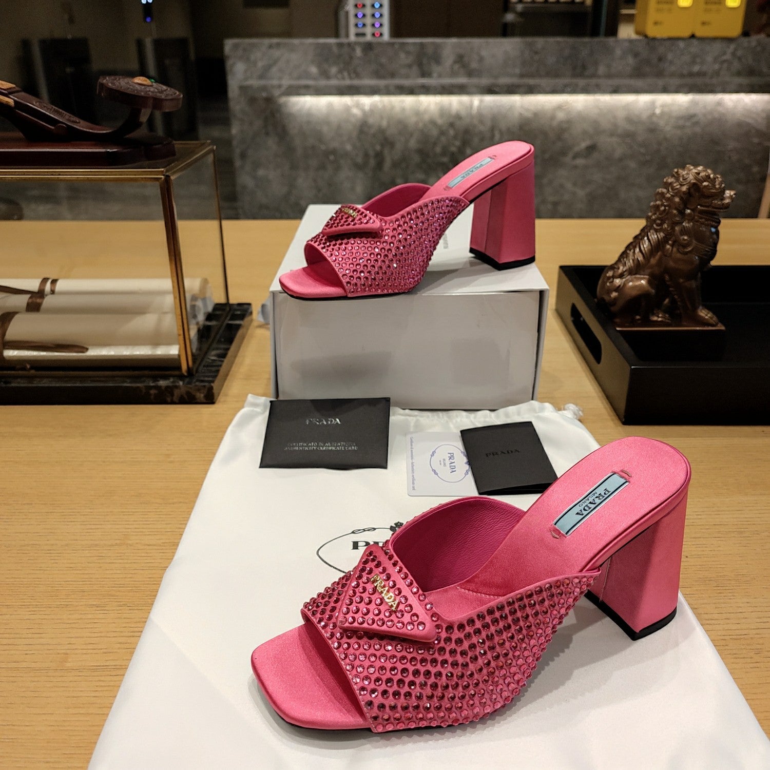 PRADA 26S OPEN TOE CRYSTAL EMBELLISHED MULES 100MM IN FUCHSIA PINK SATIN