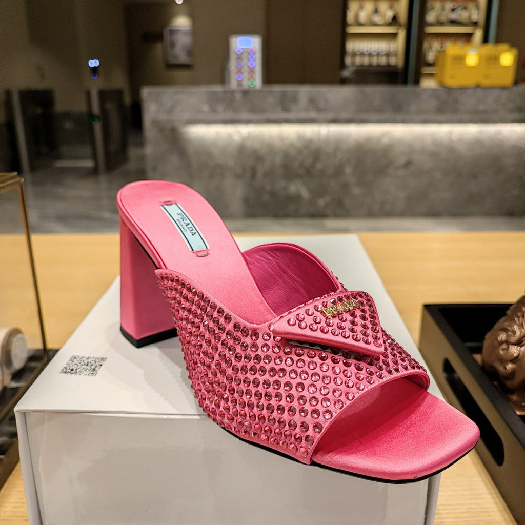 PRADA 26S OPEN TOE CRYSTAL EMBELLISHED MULES 100MM IN FUCHSIA PINK SATIN