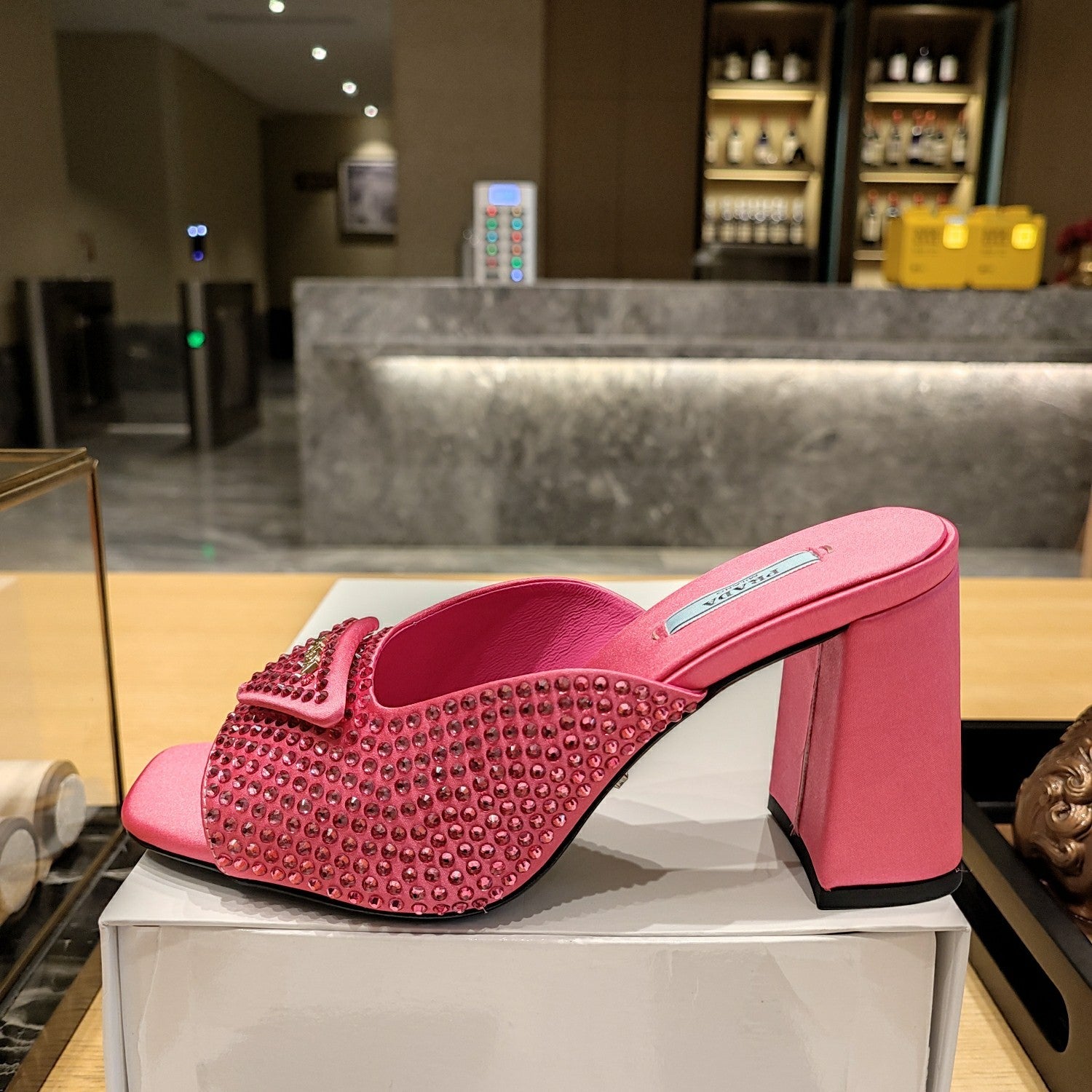 PRADA 26S OPEN TOE CRYSTAL EMBELLISHED MULES 100MM IN FUCHSIA PINK SATIN