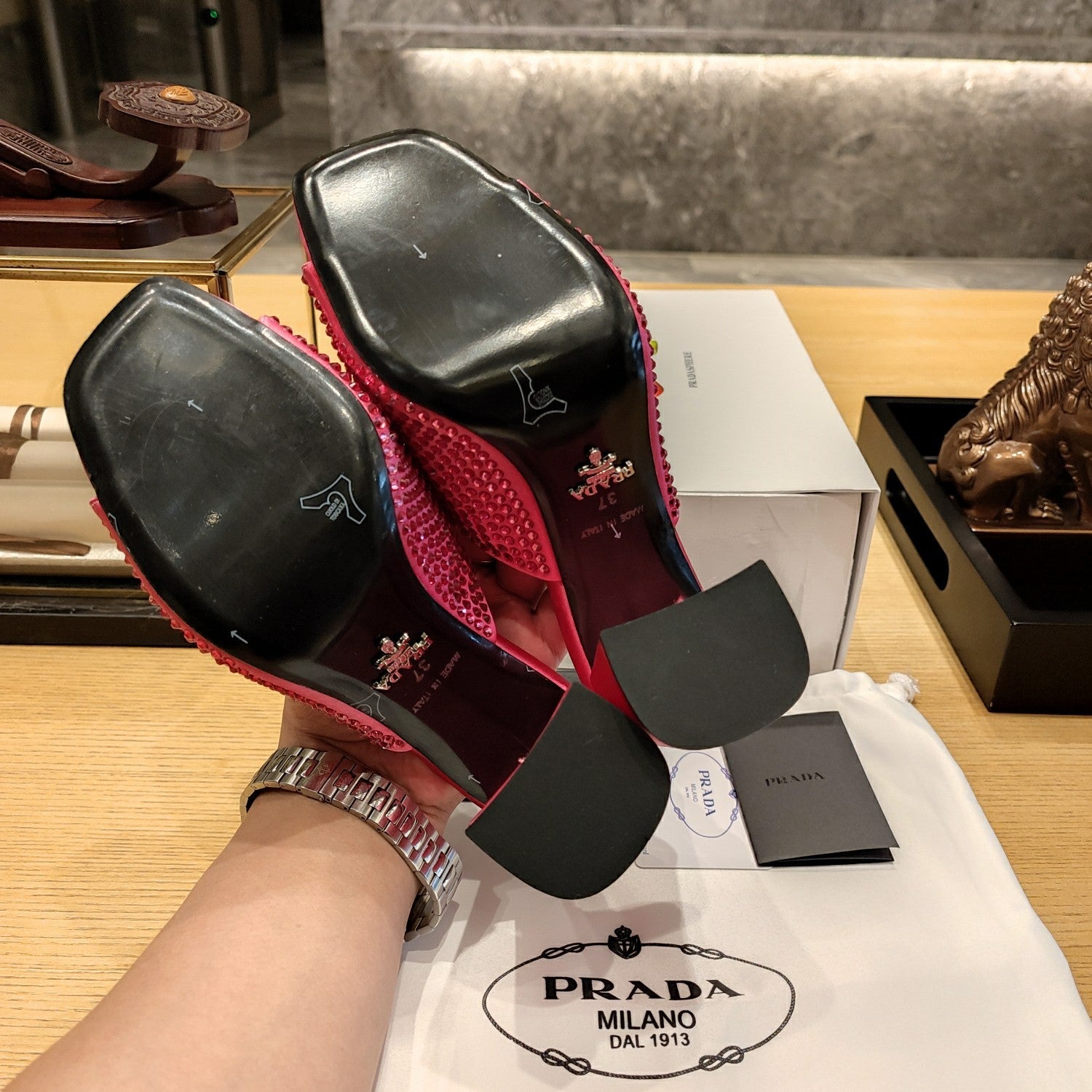 PRADA 26S OPEN TOE CRYSTAL EMBELLISHED MULES 100MM IN FUCHSIA PINK SATIN