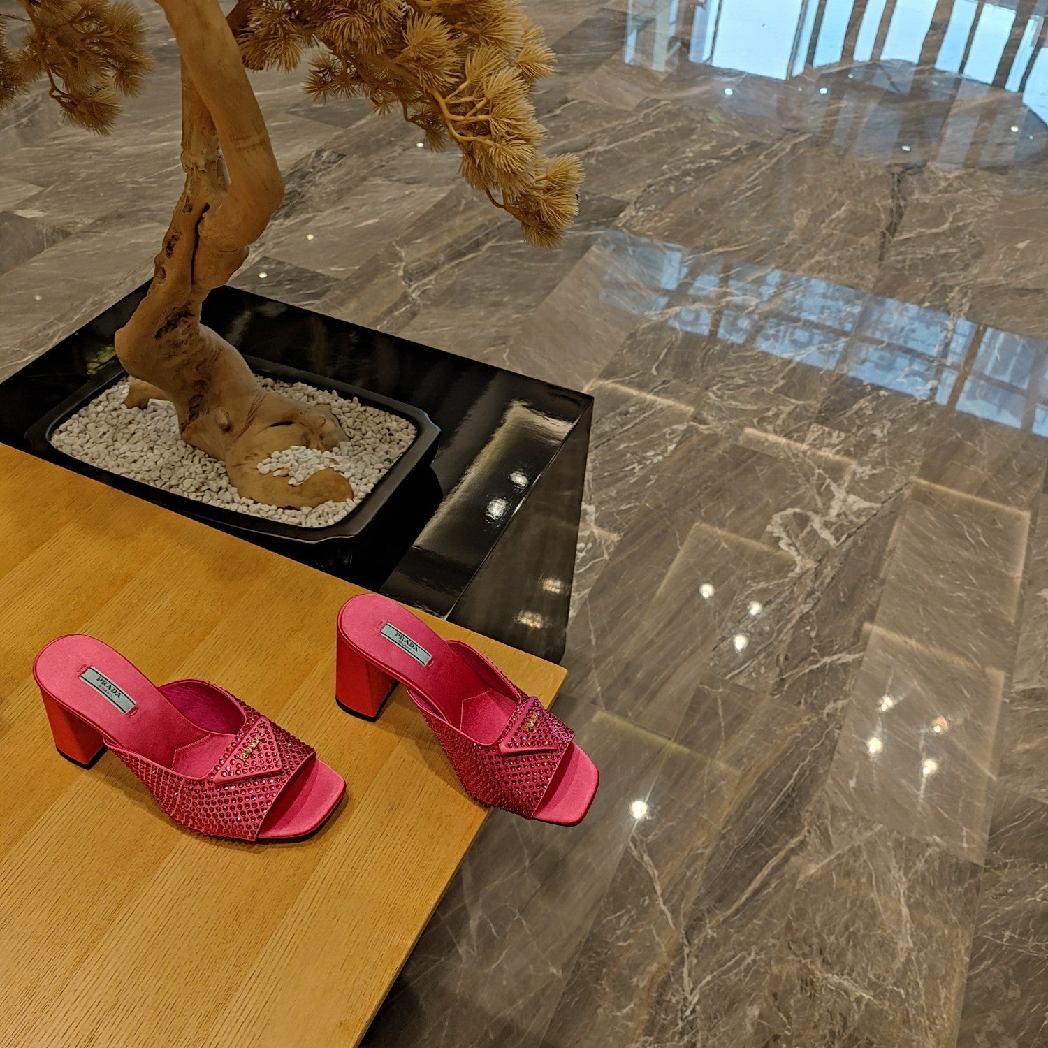 PRADA 26S OPEN TOE CRYSTAL EMBELLISHED MULES 100MM IN FUCHSIA PINK SATIN