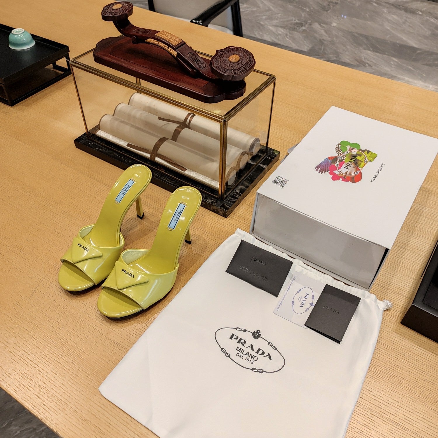 PRADA 26S OPEN TOE MULES 100MM IN LIME YELLOW PATENT CALFSKIN WITH LOGO