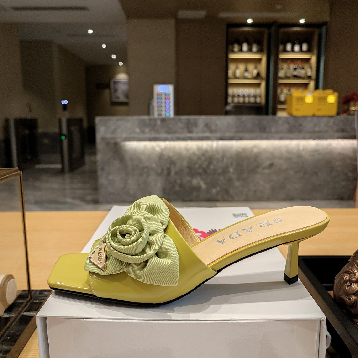 PRADA 26S OPEN TOE MULES 45MM IN LIME YELLOW PATENT CALFSKIN WITH ROSETTE