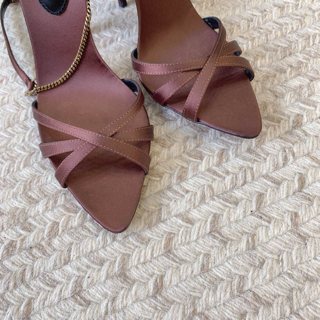 CROSS STRAP HIGH HEEL IN CHESTNUT SILK GOLD CHAIN