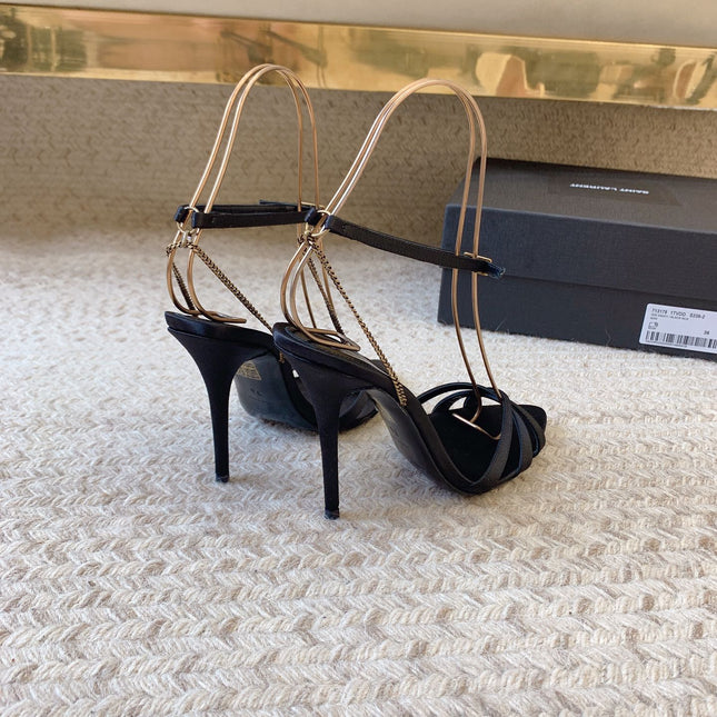 CROSS STRAP HIGH HEEL IN BLACK SILK GOLD CHAIN