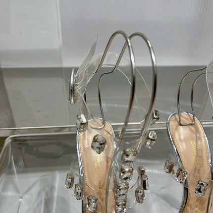 GIANVITO ROSSI 26S HEELED SANDALS 105 MM IN SILVER PATENT LEATHER CRYSTALS STYLE 2