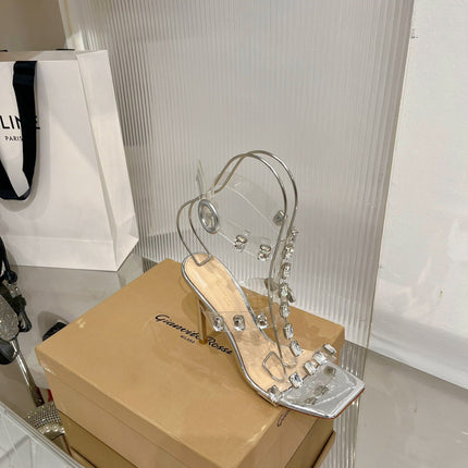GIANVITO ROSSI 26S HEELED SANDALS 105 MM IN SILVER PATENT LEATHER CRYSTALS STYLE 2