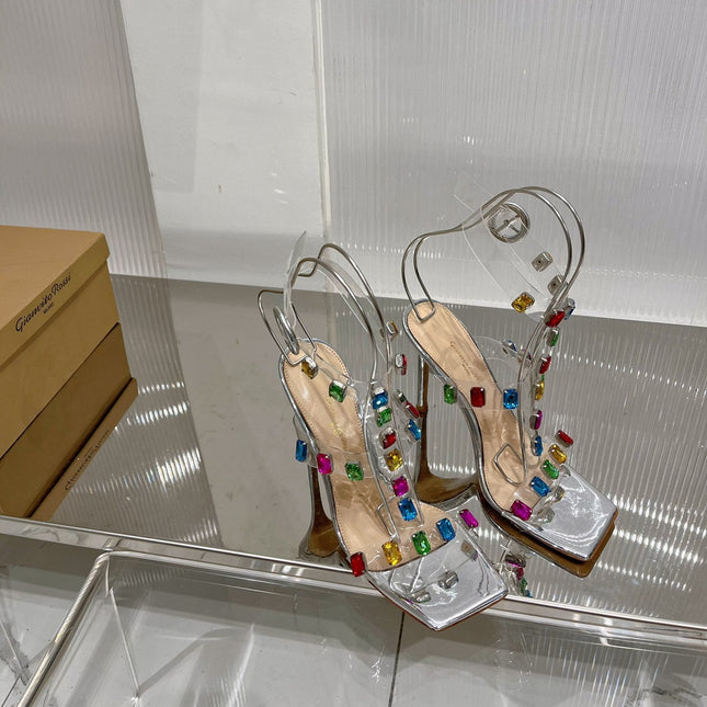 GIANVITO ROSSI 26S HEELED SANDALS 105 MM IN SILVER PATENT LEATHER CRYSTALS
