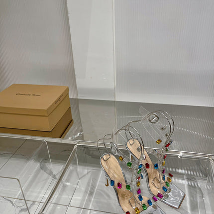GIANVITO ROSSI 26S HEELED SANDALS 105 MM IN SILVER PATENT LEATHER CRYSTALS